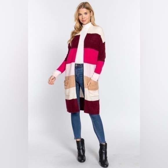 Women’s Pink Color block Long Cardigan Sweater S, M, L - Picture 1 of 4